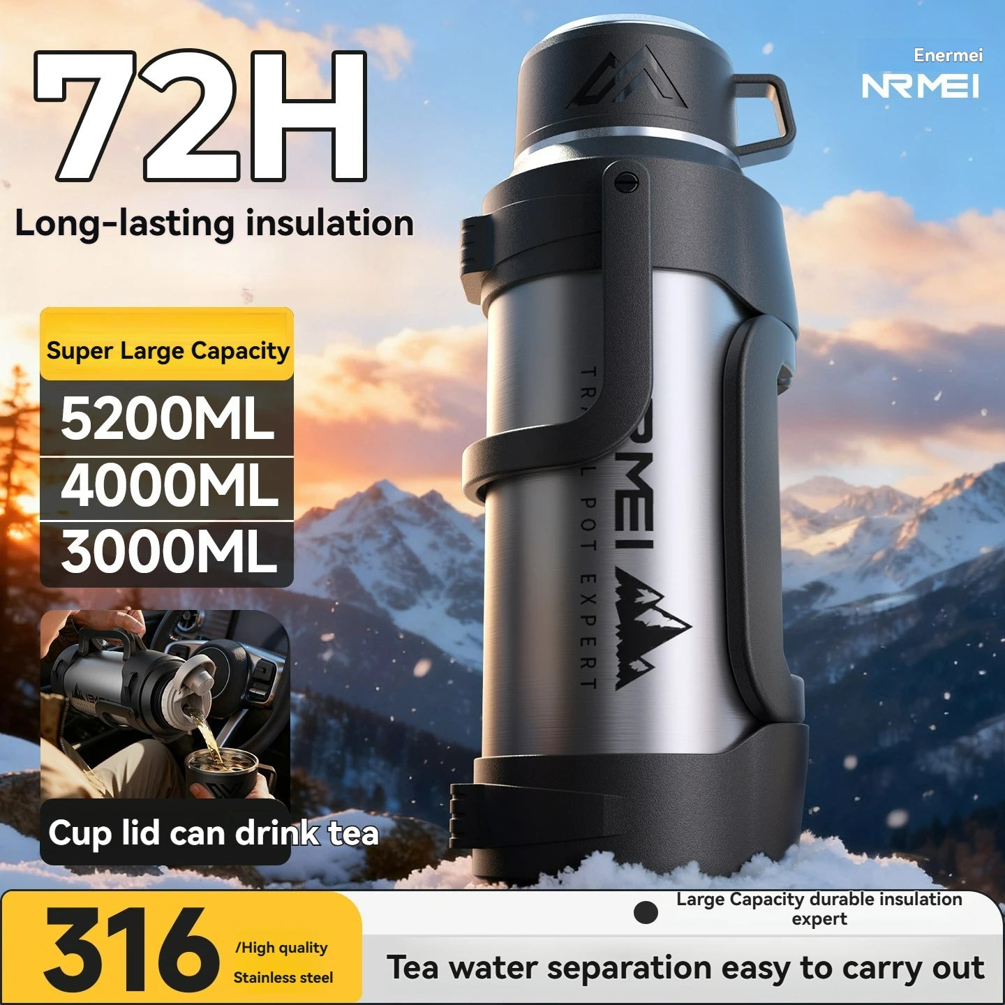 Nrmei Large Capacity Stainless Steel Water Bottle Insulated Vacuum Flask for Outdoor Camping And Adventure Water Preservation